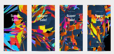 Parlak renkli küçük parçacık patlaması ile soyut sosyal medya şablonu. Spor müziği sosyal medya düzeni. Dış uzay hareketli optik sanat dinamik arka planı. Gelecekçi vektör.