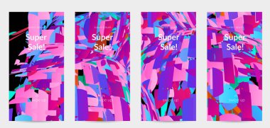 Parlak renkli küçük parçacık patlaması ile soyut sosyal medya şablonu. Spor müziği sosyal medya düzeni. Dış uzay hareketli optik sanat dinamik arka planı. Gelecekçi vektör.