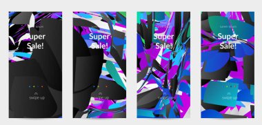 Parlak renkli küçük parçacık patlaması ile soyut sosyal medya şablonu. Spor müziği sosyal medya düzeni. Dış uzay hareketli optik sanat dinamik arka planı. Gelecekçi vektör.