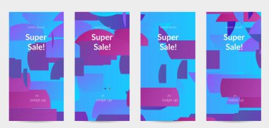 Parlak renkli rastgele çizgileri olan soyut öyküler. Dağılmış geometrik şekilli dinamik modern tasarım. Basit renkli fütürist elementler. Spor müziği sosyal medya düzeni.