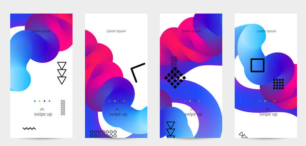 Яркие цветные рекламные шаблоны с 3D жидкой формой на белых и простых черных геометрических фигурах. Набор плакатов жидкого цвета. Творческая 3D смесь формирует динамическую композицию.