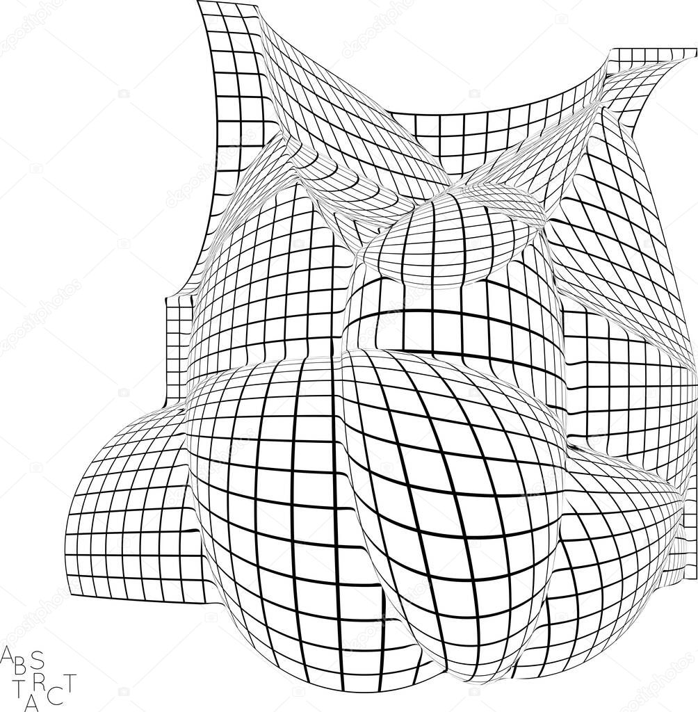 Abstract industrial object. Optical futuristic art. Warped 3D wire frame shape. Black and white architectural mesh digital drawing. Computer modeling of surface tension under uneven pressure.