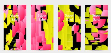 Parlak renkli rastgele çizgileri olan soyut öyküler. Dağılmış geometrik şekilli dinamik modern tasarım. Basit renkli fütürist elementler. Spor müziği sosyal medya düzeni.