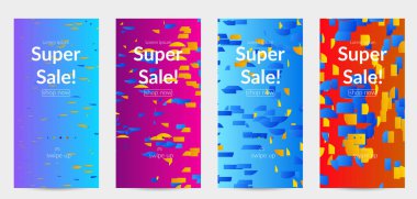 Soyut öyküler, arka planda küçük parlak kağıt parçaları olan şablonlar. Bozuk gradyan çizgileri olan dinamik modern tasarım. Basit renkli fütürist elementler.