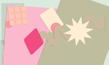 Soyut eğitim geçmişi var. Kağıt kesikli geometrik şekilli öğretmen masasının üst görüntüsü, kağıt kağıtlar. İlkokul sanat ve zanaat dersi. Pastel renkler. Düz konum vektör kağıt biçimi.