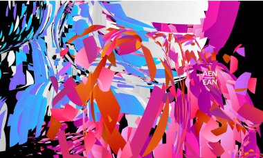 Parlak renkli küçük parçacık patlaması içeren soyut iniş sayfası şablonu. Spor müziği sosyal medya düzeni. Dış uzay hareketli optik sanat dinamik arka planı. Gelecekçi vektör.