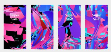 Parlak renkli küçük parçacık patlaması ile soyut sosyal medya şablonu. Spor müziği sosyal medya düzeni. Dış uzay hareketli optik sanat dinamik arka planı. Gelecekçi vektör.