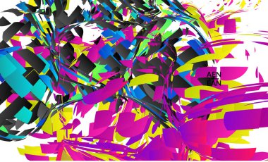 Parlak renkli küçük parçacık patlaması içeren soyut iniş sayfası şablonu. Spor müziği sosyal medya düzeni. Dış uzay hareketli optik sanat dinamik arka planı. Gelecekçi vektör.