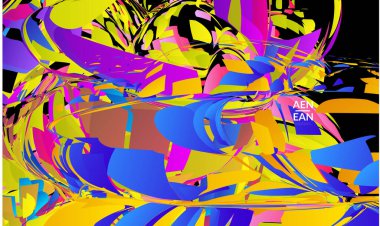 Parlak renkli küçük parçacık patlaması içeren soyut iniş sayfası şablonu. Spor müziği sosyal medya düzeni. Dış uzay hareketli optik sanat dinamik arka planı. Gelecekçi vektör.