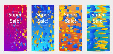 Soyut öyküler, arka planda küçük parlak kağıt parçaları olan şablonlar. Bozuk gradyan çizgileri olan dinamik modern tasarım. Basit renkli fütürist elementler.