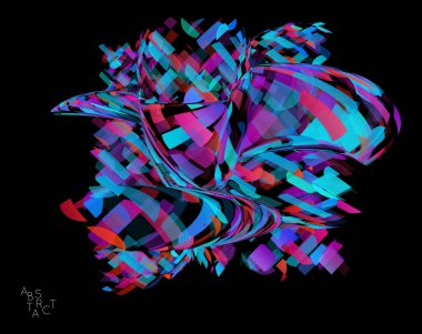 Küçük şeffaf parçacık patlamasından oluşan soyut fütürist şekil. Optik sanat geometrik arka planı ve yüksek hareket hızı. Siyaha izole edilmiş gelecekçi vektör illüstrasyonu