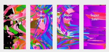 Parlak renkli küçük parçacık patlaması ile soyut sosyal medya şablonu. Spor müziği sosyal medya düzeni. Dış uzay hareketli optik sanat dinamik arka planı. Gelecekçi vektör.