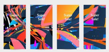 Parlak renkli küçük parçacık patlaması ile soyut sosyal medya şablonu. Spor müziği sosyal medya düzeni. Dış uzay hareketli optik sanat dinamik arka planı. Gelecekçi vektör.