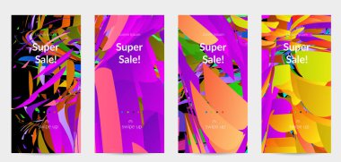 Parlak renkli küçük parçacık patlaması ile soyut sosyal medya şablonu. Spor müziği sosyal medya düzeni. Dış uzay hareketli optik sanat dinamik arka planı. Gelecekçi vektör.