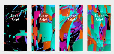 Parlak renkli küçük parçacık patlaması ile soyut sosyal medya şablonu. Spor müziği sosyal medya düzeni. Dış uzay hareketli optik sanat dinamik arka planı. Gelecekçi vektör.