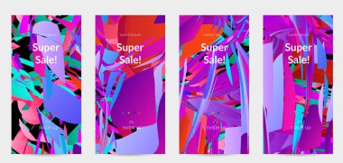 Parlak renkli küçük parçacık patlaması ile soyut sosyal medya şablonu. Spor müziği sosyal medya düzeni. Dış uzay hareketli optik sanat dinamik arka planı. Gelecekçi vektör.