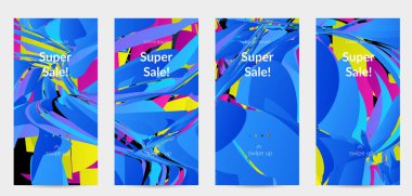 Parlak renkli küçük parçacık patlaması ile soyut sosyal medya şablonu. Spor müziği sosyal medya düzeni. Dış uzay hareketli optik sanat dinamik arka planı. Gelecekçi vektör.