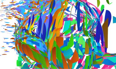 Parlak renkli küçük parçacık patlaması içeren soyut iniş sayfası şablonu. Spor müziği sosyal medya düzeni. Dış uzay hareketli optik sanat dinamik arka planı. Gelecekçi vektör.