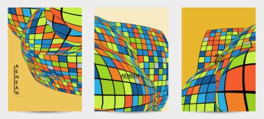 Kare piksel mozaik şekli bozulmuş. Düz retro renklerin üzerine siyah tel çerçeve. Soyut hava balonu vektör arkaplanı.