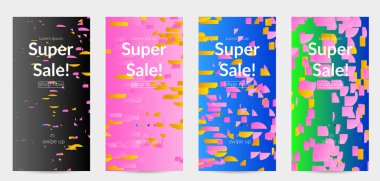 Soyut öyküler, arka planda küçük parlak kağıt parçaları olan şablonlar. Bozuk gradyan çizgileri olan dinamik modern tasarım. Basit renkli fütürist elementler.