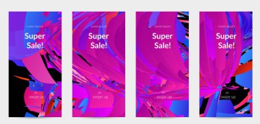 Parlak renkli küçük parçacık patlaması ile soyut sosyal medya şablonu. Spor müziği sosyal medya düzeni. Dış uzay hareketli optik sanat dinamik arka planı. Gelecekçi vektör.