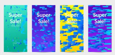 Soyut öyküler, arka planda küçük parlak kağıt parçaları olan şablonlar. Bozuk gradyan çizgileri olan dinamik modern tasarım. Basit renkli fütürist elementler.