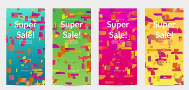 Soyut öyküler, arka planda küçük parlak kağıt parçaları olan şablonlar. Bozuk gradyan çizgileri olan dinamik modern tasarım. Basit renkli fütürist elementler.