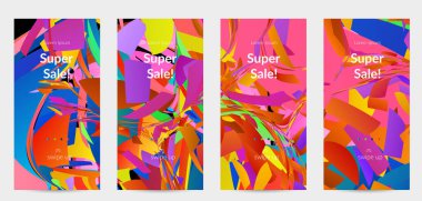 Parlak renkli küçük parçacık patlaması ile soyut sosyal medya şablonu. Spor müziği sosyal medya düzeni. Dış uzay hareketli optik sanat dinamik arka planı. Gelecekçi vektör.