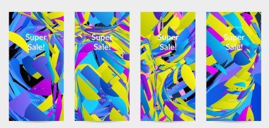 Parlak renkli küçük parçacık patlaması ile soyut sosyal medya şablonu. Spor müziği sosyal medya düzeni. Dış uzay hareketli optik sanat dinamik arka planı. Gelecekçi vektör.