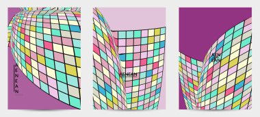 Kare piksel mozaik şekli bozulmuş. Düz retro renklerin üzerine siyah tel çerçeve. Soyut hava balonu vektör arkaplanı.