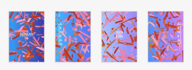 Değişken arkaplan üzerinde küçük parlak kağıt parçaları olan soyut el ilanı şablonları. Bozuk gradyan çizgileri olan dinamik modern tasarım. Basit renkli fütürist elementler.