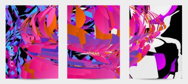 Parlak renkli küçük parçacık patlaması olan soyut uçucu şablonu. Spor müziği sosyal medya düzeni. Dış uzay hareketli optik sanat dinamik arka planı. Gelecekçi vektör.