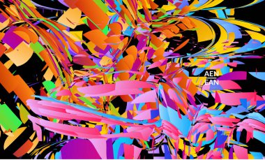 Parlak renkli küçük parçacık patlaması içeren soyut iniş sayfası şablonu. Spor müziği sosyal medya düzeni. Dış uzay hareketli optik sanat dinamik arka planı. Gelecekçi vektör.