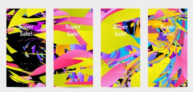 Parlak renkli küçük parçacık patlaması ile soyut sosyal medya şablonu. Spor müziği sosyal medya düzeni. Dış uzay hareketli optik sanat dinamik arka planı. Gelecekçi vektör.