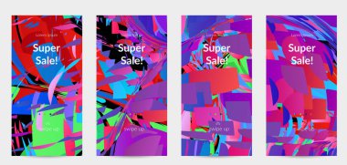 Parlak renkli küçük parçacık patlaması ile soyut sosyal medya şablonu. Spor müziği sosyal medya düzeni. Dış uzay hareketli optik sanat dinamik arka planı. Gelecekçi vektör.