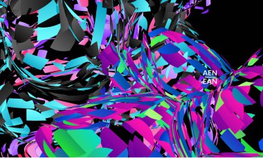 Parlak renkli küçük parçacık patlaması içeren soyut iniş sayfası şablonu. Spor müziği sosyal medya düzeni. Dış uzay hareketli optik sanat dinamik arka planı. Gelecekçi vektör.