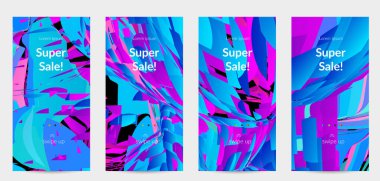 Parlak renkli küçük parçacık patlaması ile soyut sosyal medya şablonu. Spor müziği sosyal medya düzeni. Dış uzay hareketli optik sanat dinamik arka planı. Gelecekçi vektör.