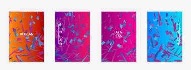 Değişken arkaplan üzerinde küçük parlak kağıt parçaları olan soyut el ilanı şablonları. Bozuk gradyan çizgileri olan dinamik modern tasarım. Basit renkli fütürist elementler.