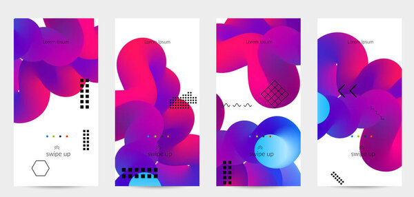 Яркие цветные рекламные шаблоны с 3D жидкой формой на белых и простых черных геометрических фигурах. Набор плакатов жидкого цвета. Творческая 3D смесь формирует динамическую композицию.