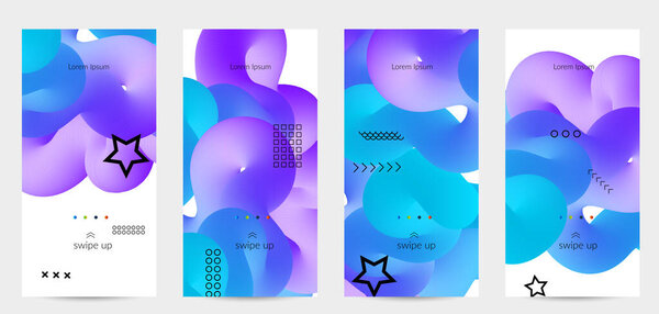 Яркие цветные рекламные шаблоны с 3D жидкой формой на белых и простых черных геометрических фигурах. Набор плакатов жидкого цвета. Творческая 3D смесь формирует динамическую композицию.