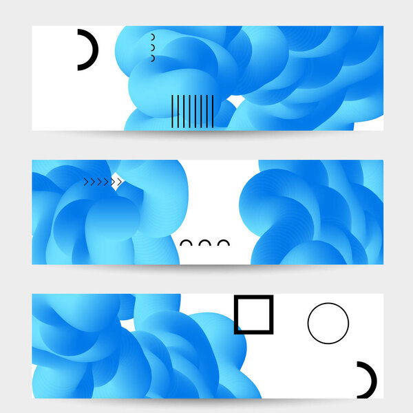 Яркие цветные шаблоны баннеров распродажи с 3D жидкой формой на белых и простых черных геометрических фигурах. Набор плакатов жидкого цвета. Творческая 3D смесь формирует динамическую композицию.