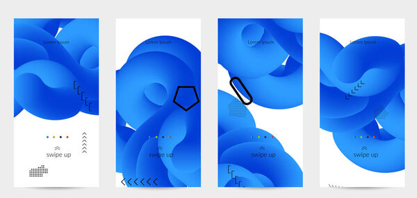 Яркие цветные рекламные шаблоны с 3D жидкой формой на белых и простых черных геометрических фигурах. Набор плакатов жидкого цвета. Творческая 3D смесь формирует динамическую композицию.