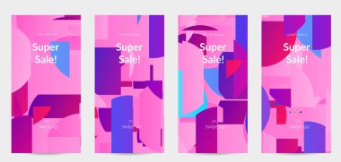 Parlak renkli rastgele çizgileri olan soyut öyküler. Dağılmış geometrik şekilli dinamik modern tasarım. Basit renkli fütürist elementler. Spor müziği sosyal medya düzeni.