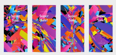 Parlak renkli küçük parçacık patlaması ile soyut sosyal medya şablonu. Spor müziği sosyal medya düzeni. Dış uzay hareketli optik sanat dinamik arka planı. Gelecekçi vektör.