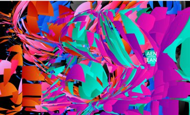 Parlak renkli küçük parçacık patlaması içeren soyut iniş sayfası şablonu. Spor müziği sosyal medya düzeni. Dış uzay hareketli optik sanat dinamik arka planı. Gelecekçi vektör.