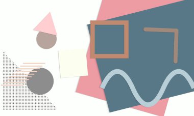 Soyut eğitim geçmişi var. Kağıt kesikli geometrik şekilli öğretmen masasının üst görüntüsü, kağıt kağıtlar. İlkokul sanat ve zanaat dersi. Pastel renkler. Düz konum vektör kağıt biçimi.