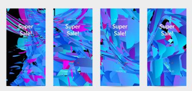 Parlak renkli küçük parçacık patlaması ile soyut sosyal medya şablonu. Spor müziği sosyal medya düzeni. Dış uzay hareketli optik sanat dinamik arka planı. Gelecekçi vektör.