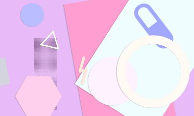 Soyut eğitim geçmişi var. Kağıt kesikli geometrik şekilli öğretmen masasının üst görüntüsü, kağıt kağıtlar. İlkokul sanat ve zanaat dersi. Pastel renkler. Düz konum vektör kağıt biçimi.