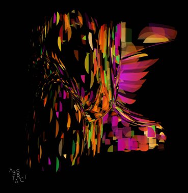 Küçük şeffaf parçacık patlamasından oluşan soyut fütürist şekil. Optik sanat geometrik arka planı ve yüksek hareket hızı. Siyaha izole edilmiş gelecekçi vektör illüstrasyonu