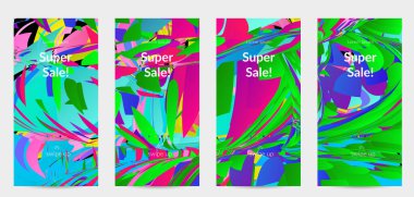 Parlak renkli küçük parçacık patlaması ile soyut sosyal medya şablonu. Spor müziği sosyal medya düzeni. Dış uzay hareketli optik sanat dinamik arka planı. Gelecekçi vektör.